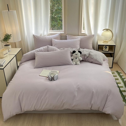 泽西家纺2025新款A类全棉双拼纯色纯棉单被套 淡雅紫+山灰