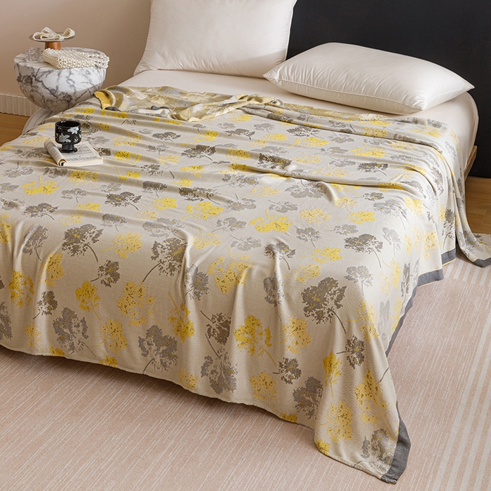 91家纺网 家纺一手货源 找家纺 朴尔家纺-2025年新款柔滑竹纤维双层纱布冷感毯毛巾被 清然-灰黄