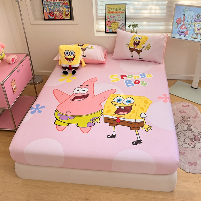 91家纺网 家纺一手货源 找家纺 金爱家2025新款全棉大版单品-床笠 棉单品-粉粉海绵宝宝