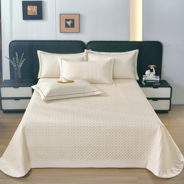 91家纺网 家纺一手货源 找家纺 OL家纺2025新款玉锦缎纯色床盖三件套-巴格莉 米色