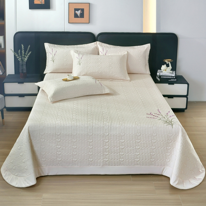 91家纺网 家纺一手货源 找家纺 OL家纺2025新款玉锦缎纯色床盖三件套-薰衣草 米色