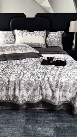 91家纺网 家纺一手货源 找家纺 娇逸家居 2025新品60支天丝数码印花高端夏被四件套 迷颖-咖