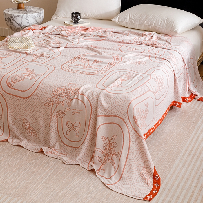 91家纺网 家纺一手货源 找家纺 朴尔家纺-2025年新款柔滑竹纤维双层纱布冷感毯毛巾被 水纹玫瑰-橘