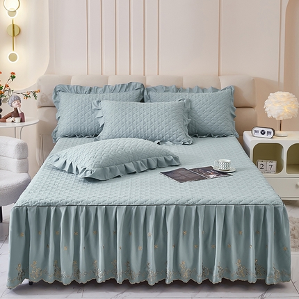 家之硕家纺 2025新款云朵棉刺绣床裙四件套单床裙 明月灰