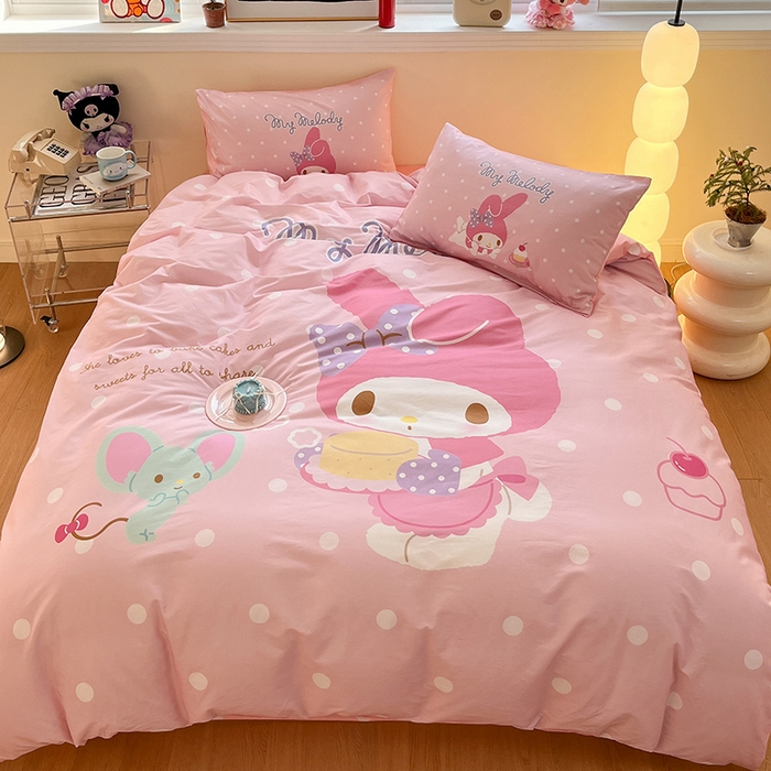 91家纺网 家纺一手货源 找家纺 蓝邻家纺 2025新款全棉大版三丽鸥四件套系列 蛋糕美乐蒂