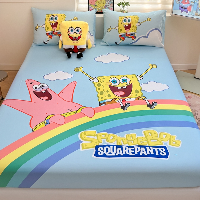 91家纺网 家纺一手货源 找家纺 金爱家2025新款全棉大版单品-床笠 棉单品-彩虹海绵宝宝