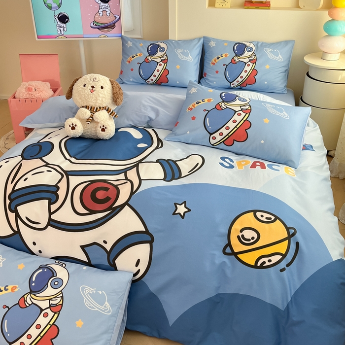 91家纺网 家纺一手货源 找家纺 金爱家 2025新款太空人纯棉四件套 星球太空人