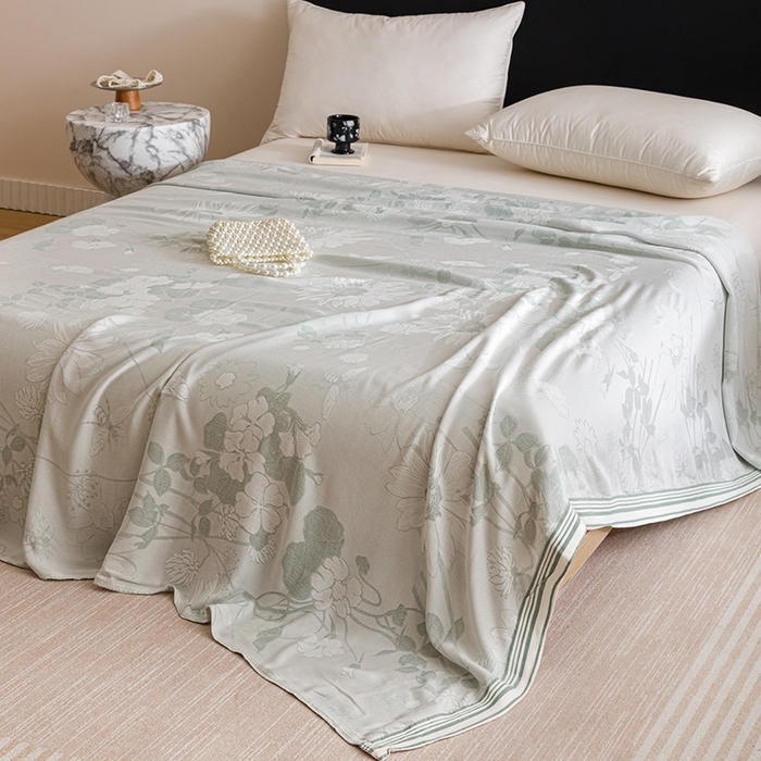 91家纺网 家纺一手货源 找家纺 朴尔家纺-2025年新款柔滑竹纤维双层纱布冷感毯毛巾被 浅花漫-绿