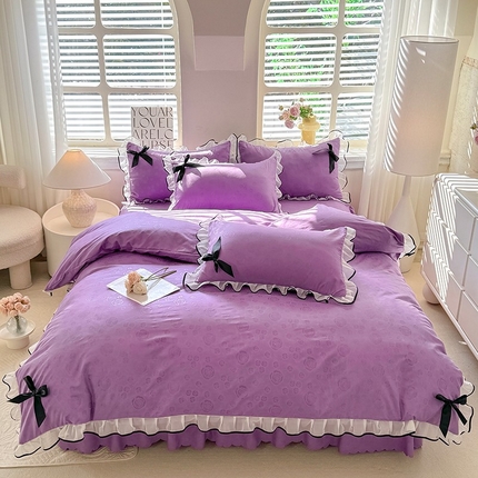 91家纺网 家纺一手货源 找家纺 莉莉安家纺 2025新款韩版亲肤磨毛花边蝴蝶结浪漫蕾丝花边款四件套--甜心系列【提供买家秀】 甜心-薰依紫