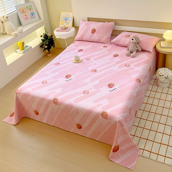 91家纺网 家纺一手货源 找家纺 ME/ERA HOME寐时代 2025新款全棉老粗布床单款三件套 全棉卡通-草莓-粉