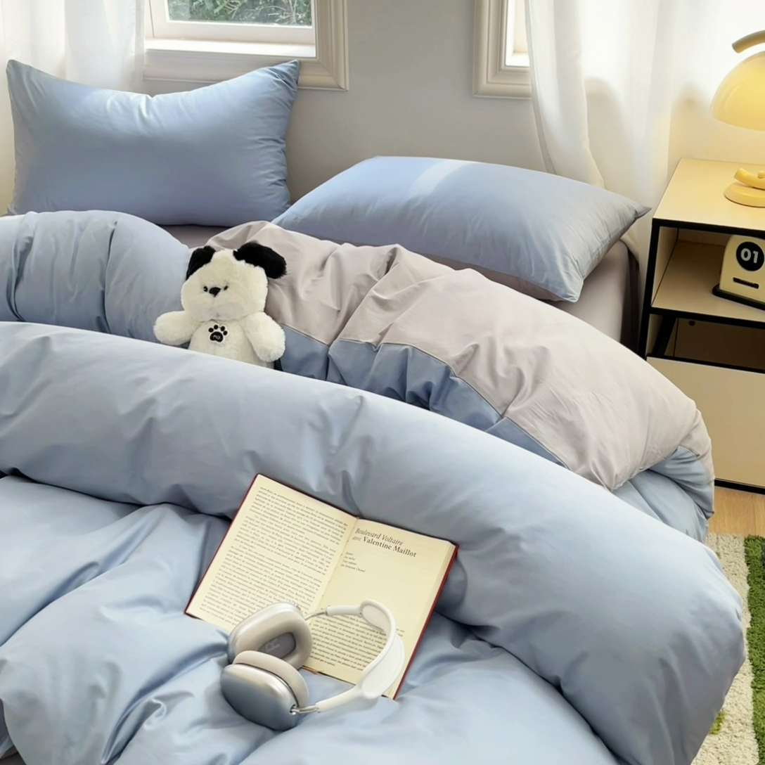 91家纺网 家纺一手货源 找家纺 泽西家纺2025新款A类全棉双拼纯色纯棉单被套 淡蓝+深灰