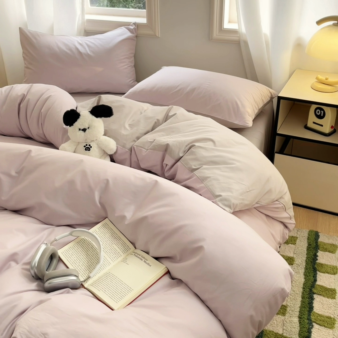 91家纺网 家纺一手货源 找家纺 泽西家纺2025新款A类全棉双拼纯色纯棉单被套 淡雅紫+山灰