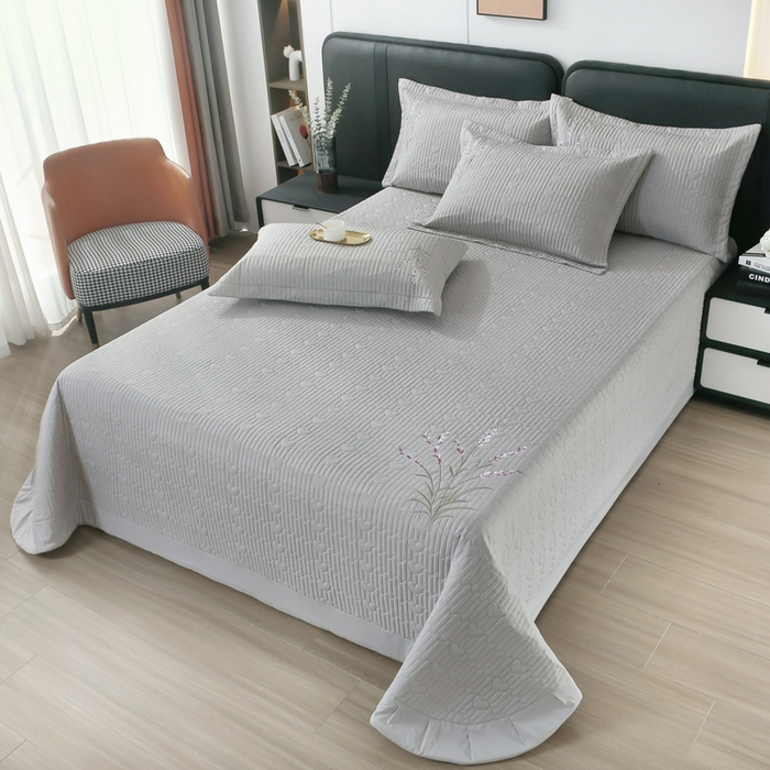 91家纺网 家纺一手货源 找家纺 OL家纺2025新款玉锦缎纯色床盖三件套-薰衣草 灰色