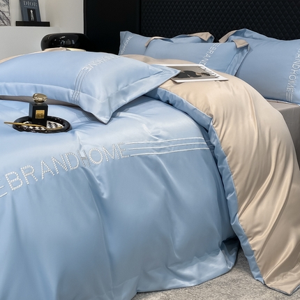 首尔家纺 2025亲肤棉水洗真丝冰丝刺绣四件套-伯恩系列 伯恩-天空蓝