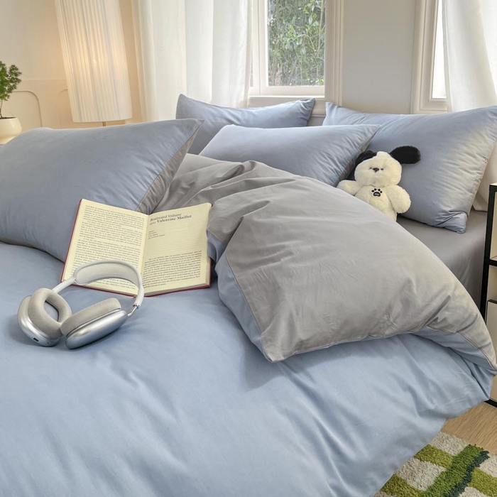 91家纺网 家纺一手货源 找家纺 泽西家纺2025新款A类全棉双拼纯色纯棉单被套 淡蓝+深灰