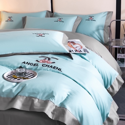 91家纺网 家纺一手货源 找家纺 KA家纺 2025春夏新品60S全棉绣花礼盒装四件套-相约系列 相约天空蓝