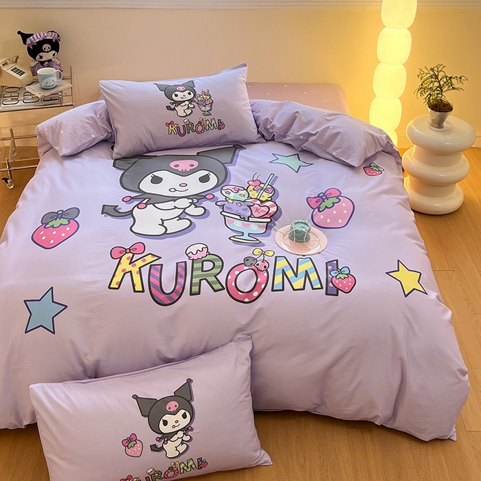 91家纺网 家纺一手货源 找家纺 蓝邻家纺 2025新款全棉大版三丽鸥四件套系列 草莓库洛米