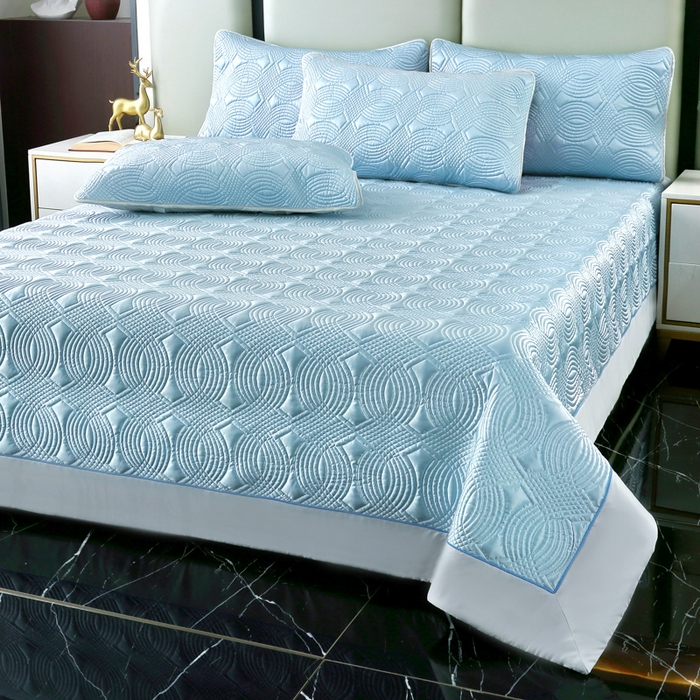 91家纺网 家纺一手货源 找家纺 OL家纺2025新款冰丝绸夏被床盖款三件套 天空蓝