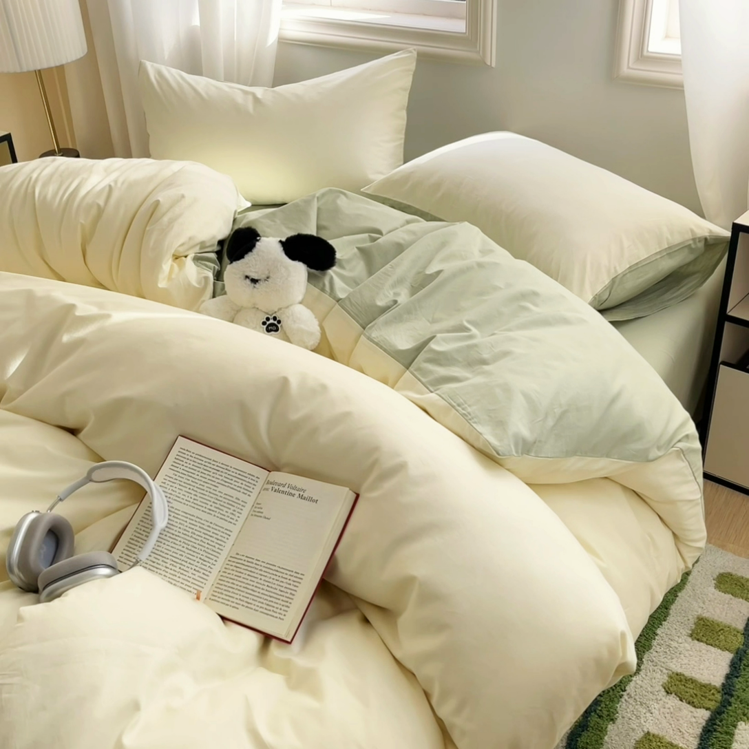 91家纺网 家纺一手货源 找家纺 泽西家纺2025新款A类全棉双拼纯色纯棉单被套 杏黄+橄榄绿