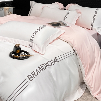 首尔家纺 2025亲肤棉水洗真丝冰丝刺绣四件套-伯恩系列 伯恩-白茶粉