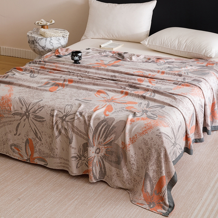 91家纺网 家纺一手货源 找家纺 朴尔家纺-2025年新款柔滑竹纤维双层纱布冷感毯毛巾被 花影-橘