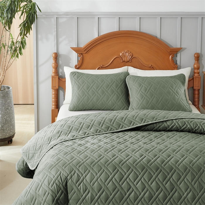 91家纺网 家纺一手货源 找家纺 温宁2025新款 跨境外贸专供直线格床盖 绿色