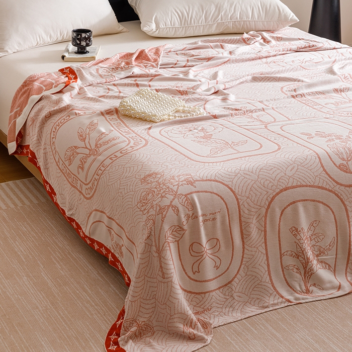 91家纺网 家纺一手货源 找家纺 朴尔家纺-2025年新款柔滑竹纤维双层纱布冷感毯毛巾被 水纹玫瑰-橘