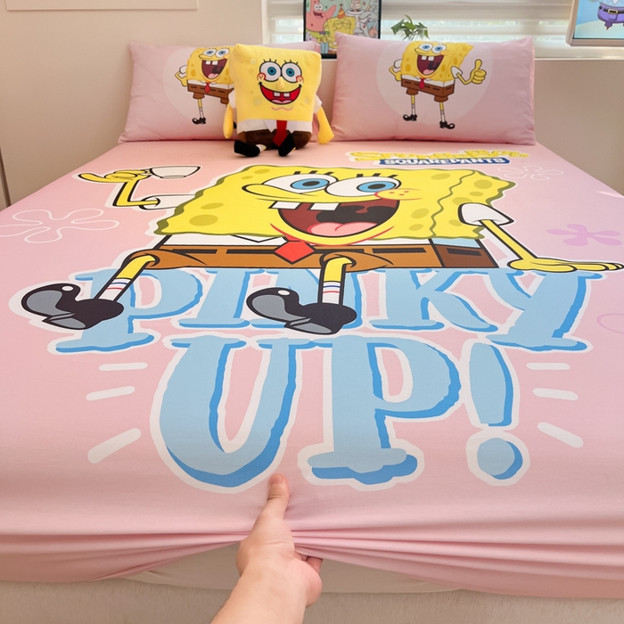 91家纺网 家纺一手货源 找家纺 金爱家2025新款全棉大版单品-床笠 棉单品-爱喝海绵宝宝粉