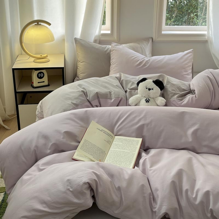 91家纺网 家纺一手货源 找家纺 泽西家纺2025新款A类全棉双拼纯色纯棉单被套 淡雅紫+山灰
