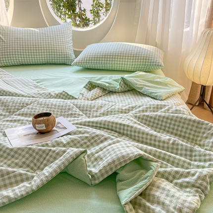 老帅的工厂店 2025新款云朵棉无印风格子夏被 绿小格