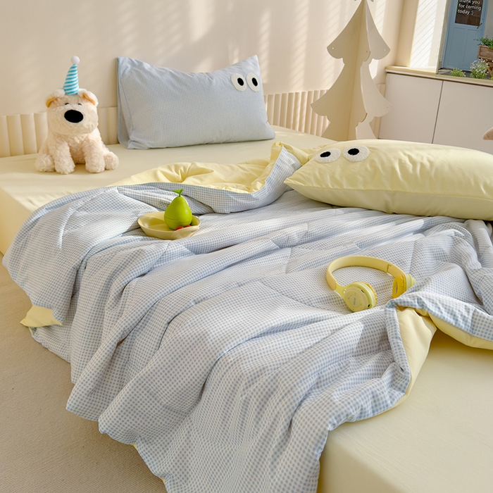 91家纺网 家纺一手货源 找家纺 老帅的工厂店 2025新款多巴胺水洗云朵棉大眼睛系列夏被四件套 海盐芝士