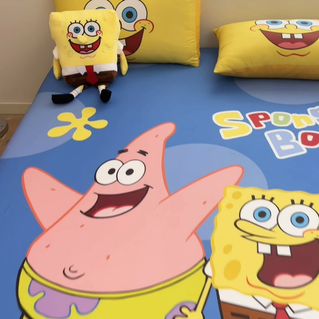 91家纺网 家纺一手货源 找家纺 金爱家2025新款全棉大版单品-床笠 棉单品-蓝蓝海绵宝宝