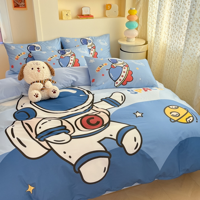 91家纺网 家纺一手货源 找家纺 金爱家 2025新款太空人纯棉四件套 星球太空人