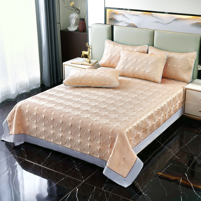 91家纺网 家纺一手货源 找家纺 OL家纺2025新款冰丝绸夏被床盖款三件套 粉橘色