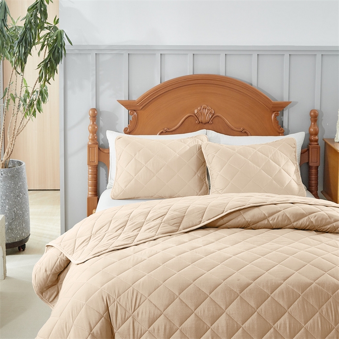 91家纺网 家纺一手货源 找家纺 温宁2025新款跨境外贸专供斜方格床盖 米色