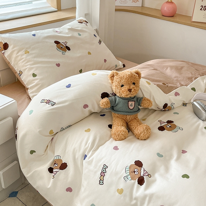 91家纺网 家纺一手货源 找家纺 慕尚家纺 2025新款全棉印花学生三件套套件 彩色爱心狗