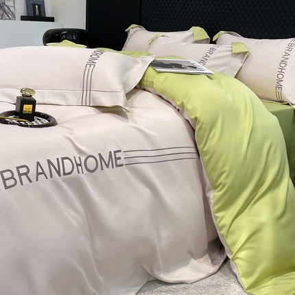 首尔家纺 2025亲肤棉水洗真丝冰丝刺绣四件套-伯恩系列 伯恩-杏仁绿