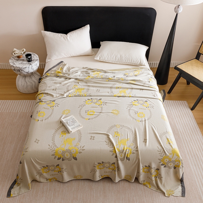 91家纺网 家纺一手货源 找家纺 朴尔家纺-2025年新款柔滑竹纤维双层纱布冷感毯毛巾被 若花镜-黄