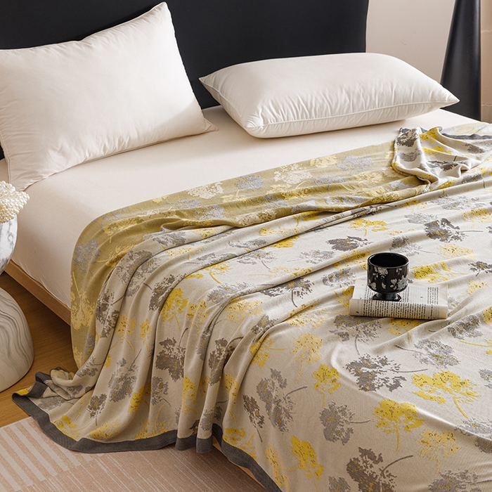 91家纺网 家纺一手货源 找家纺 朴尔家纺-2025年新款柔滑竹纤维双层纱布冷感毯毛巾被 清然-灰黄