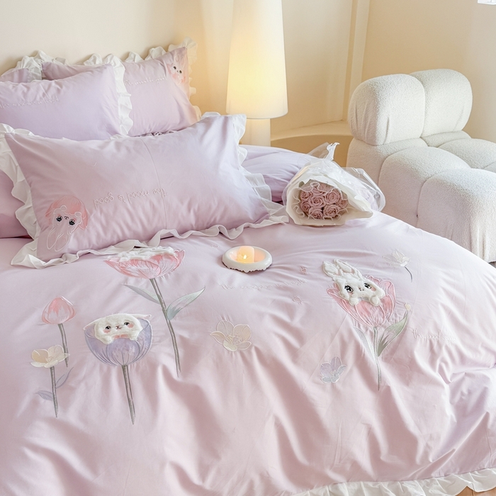 91家纺网 家纺一手货源 找家纺 蜜柚2025花边款贴布郁金香小兔 郁金香小兔 浅紫