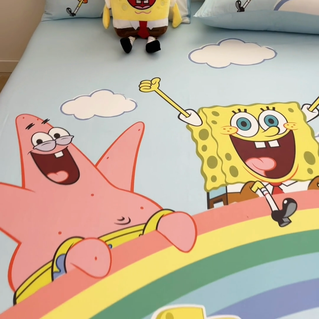 91家纺网 家纺一手货源 找家纺 金爱家2025新款全棉大版单品-床笠 棉单品-彩虹海绵宝宝