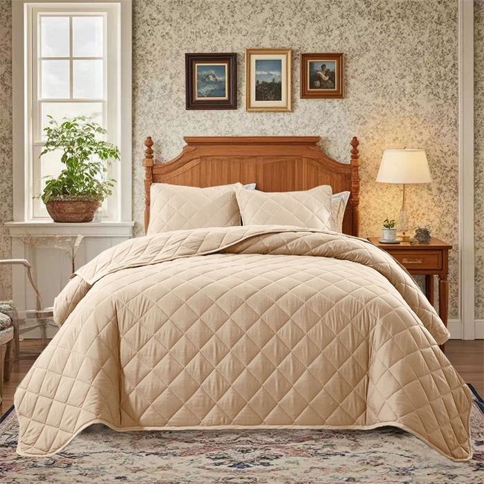 91家纺网 家纺一手货源 找家纺 温宁2025新款跨境外贸专供斜方格床盖 米色