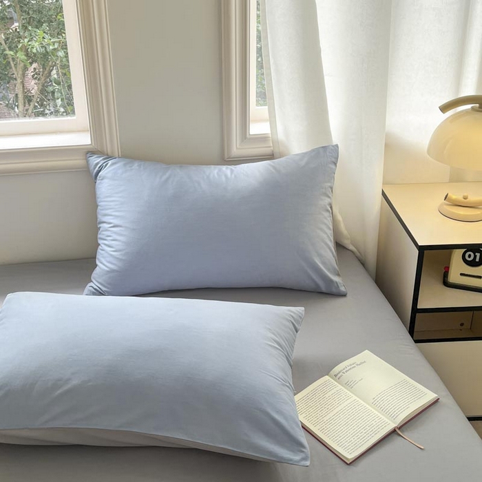 91家纺网 家纺一手货源 找家纺 泽西家纺2025新款A类全棉双拼纯色纯棉单被套 淡蓝+深灰