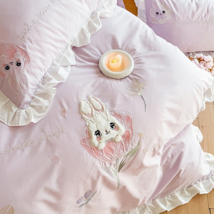 91家纺网 家纺一手货源 找家纺 蜜柚2025花边款贴布郁金香小兔 郁金香小兔 浅紫