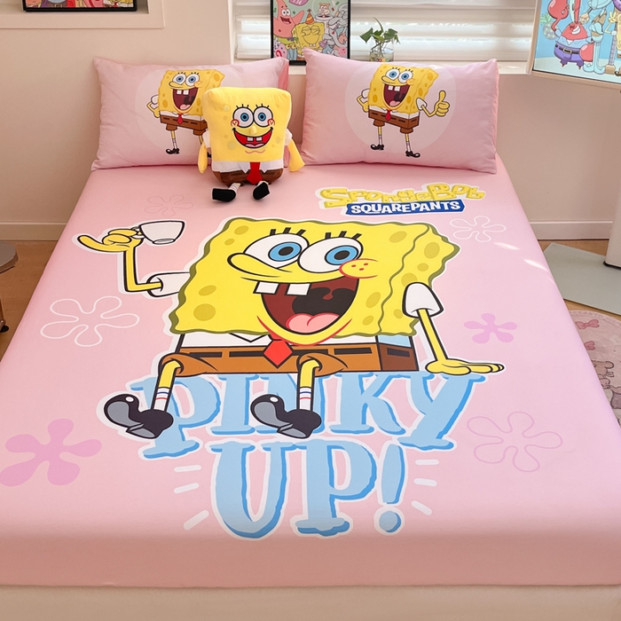 91家纺网 家纺一手货源 找家纺 金爱家2025新款全棉大版单品-床笠 棉单品-爱喝海绵宝宝粉