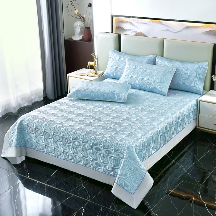 91家纺网 家纺一手货源 找家纺 OL家纺2025新款冰丝绸夏被床盖款三件套 天空蓝