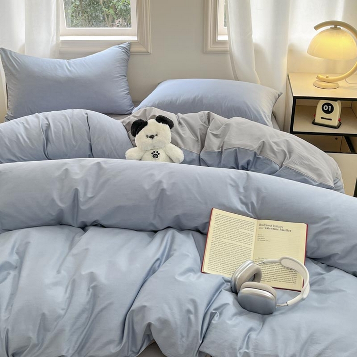 91家纺网 家纺一手货源 找家纺 泽西家纺2025新款A类全棉双拼纯色纯棉单被套 淡蓝+深灰