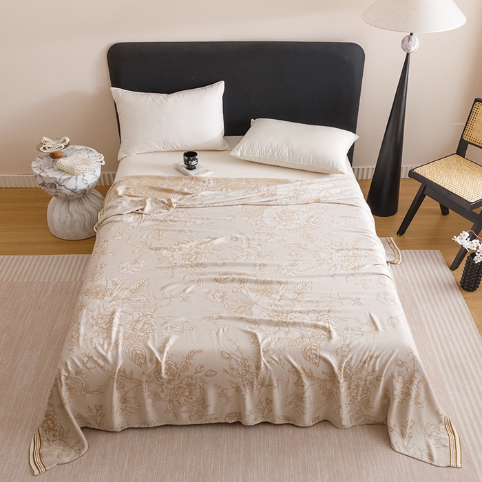 91家纺网 家纺一手货源 找家纺 朴尔家纺-2025年新款柔滑竹纤维双层纱布冷感毯毛巾被 漫花-驼