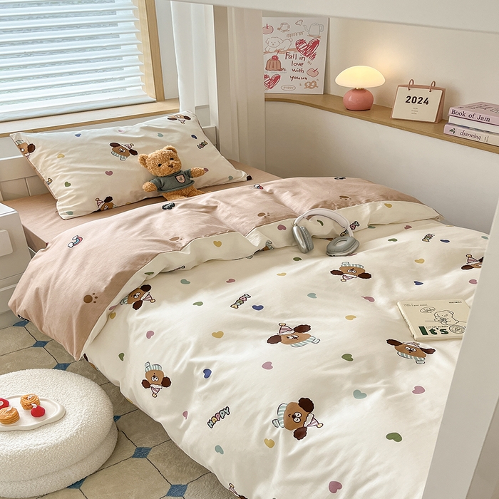 91家纺网 家纺一手货源 找家纺 慕尚家纺 2025新款全棉印花学生三件套套件 彩色爱心狗