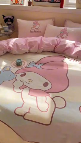 91家纺网 家纺一手货源 找家纺 蓝邻家纺 2025新款全棉大版三丽鸥四件套系列 粉兔亲亲